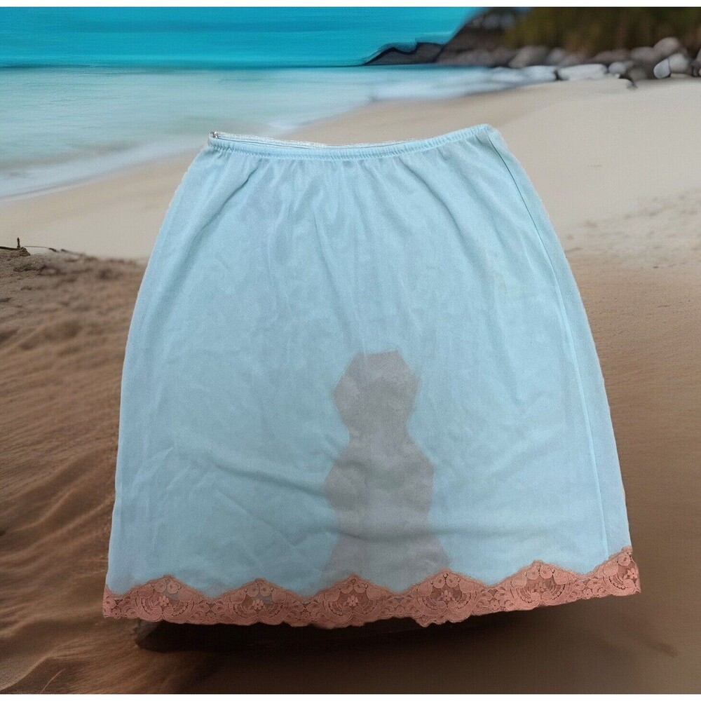 Vintage EMILIO PUCCI Sheer Half Slip Slit Lace Trim Turquoise Blue Beige Size L